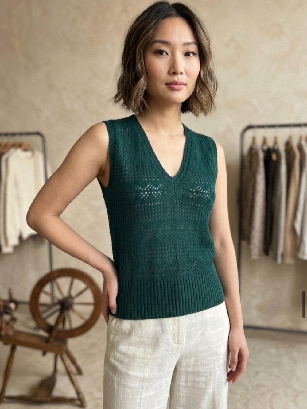 Vintage 60S Sweater Bee by Banff Emerald Green Knit V Neck Sleeveless Vest